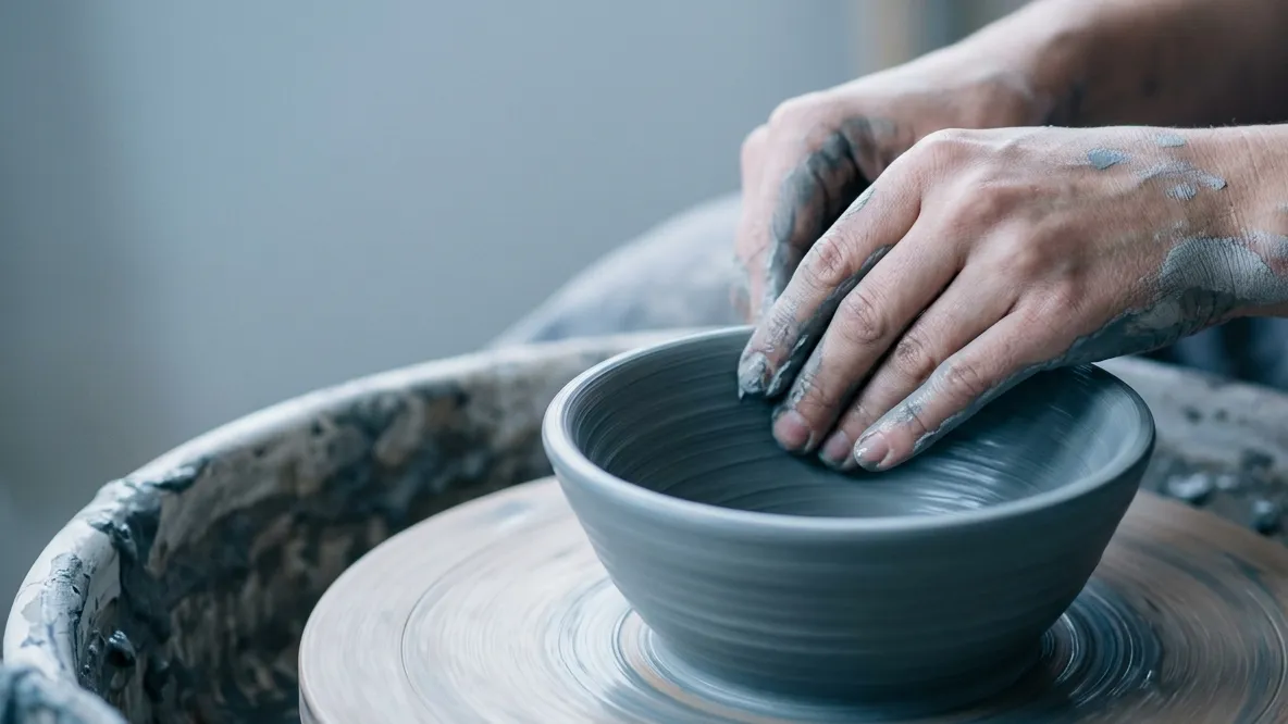 A potter's clay-covered hands shaping a gray-blue bowl on a spinning wheel, seen from above in cool studio light