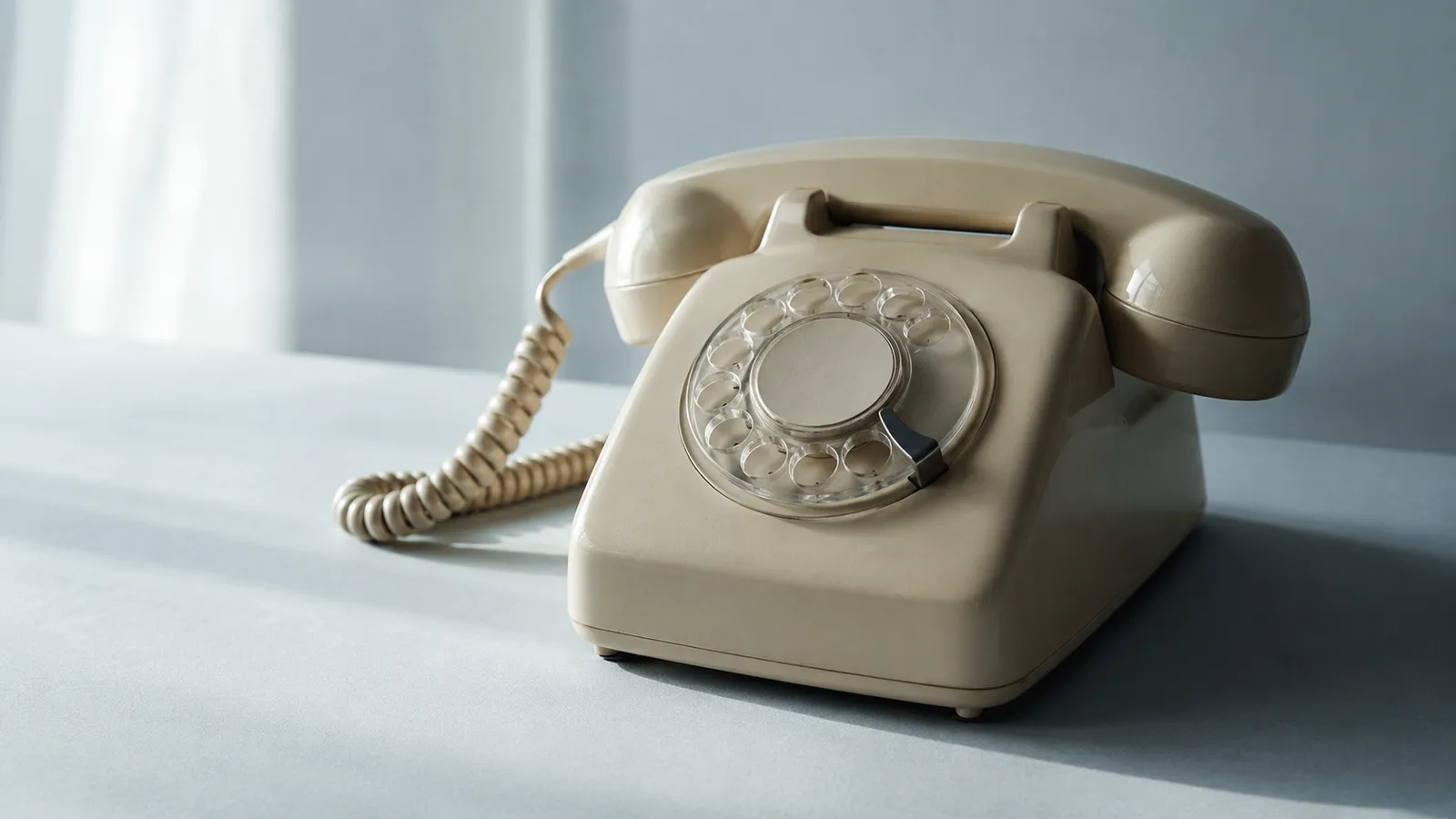 A cream-colored rotary dial telephone sitting alone on a pale blue-gray desk in soft window light, its coiled cord trailing off to one side