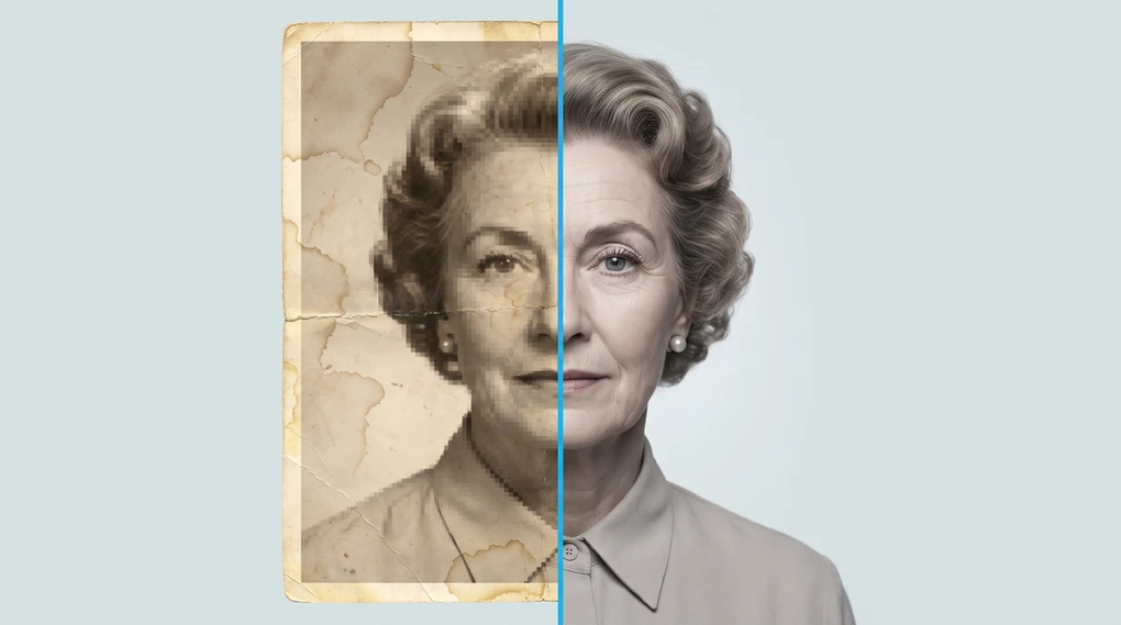 One portrait of an older woman split down the middle: the left half is a creased, water-stained old photo print broken into coarse pixel blocks, the right half is the same face rendered flawlessly sharp by AI