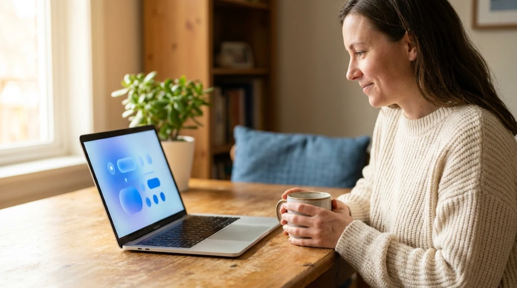 A woman at a sunlit kitchen table holding a mug of coffee, looking at a laptop that shows a friendly blue AI chat interface