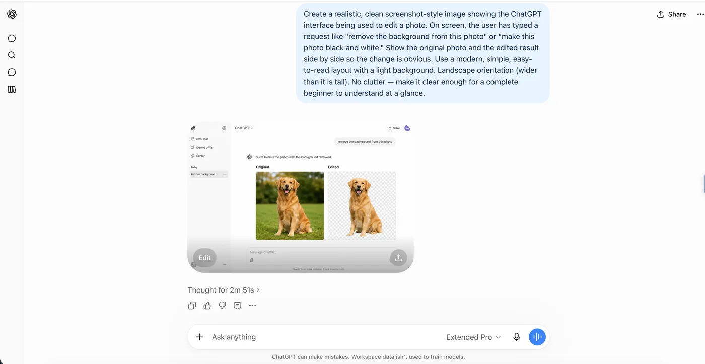 The ChatGPT screen showing a photo of a dog before and after its background was removed, after the user asked ChatGPT to remove the background.