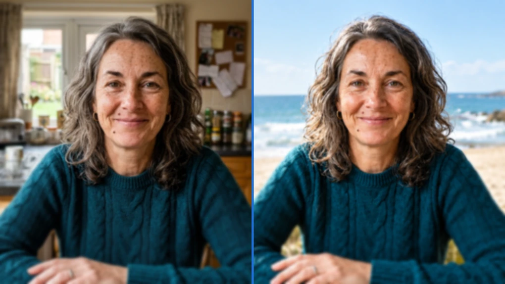 The same woman twice: on the left at her kitchen table, on the right after ChatGPT moved her to a sunny beach, with curlier hair and a more weathered face