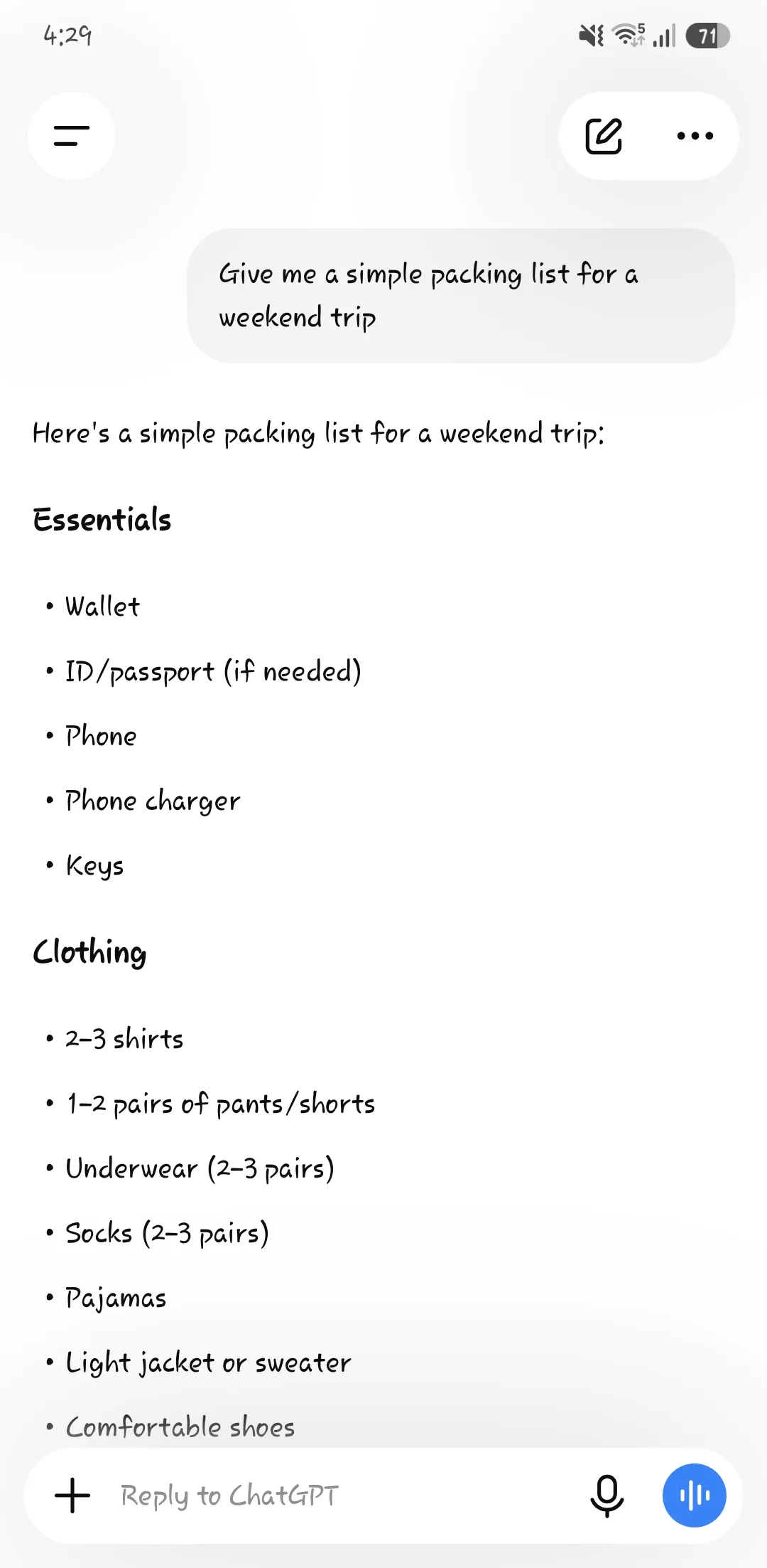 The ChatGPT phone app showing a packing-list question and a categorized answer with Essentials and Clothing sections