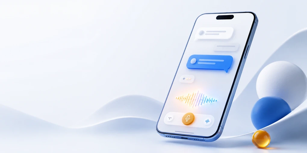 A smartphone showing a chat conversation and a voice waveform, with a microphone button