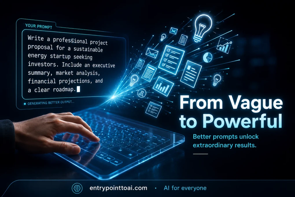 Illustration titled 'From Vague to Powerful,' showing how a weak ChatGPT prompt becomes a clear, detailed one