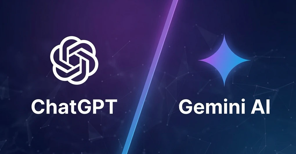 Split graphic comparing ChatGPT and Gemini AI, each logo on one side of a diagonal divider, on a dark blue and purple background