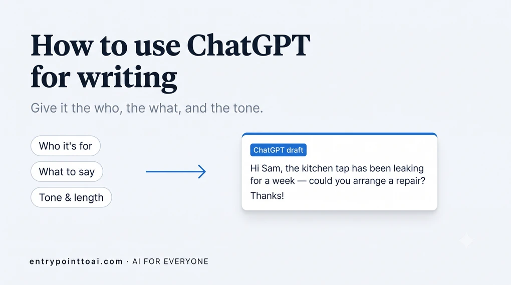Three labeled cards — who it is for, what to say, tone and length — pointing to a ready ChatGPT email draft