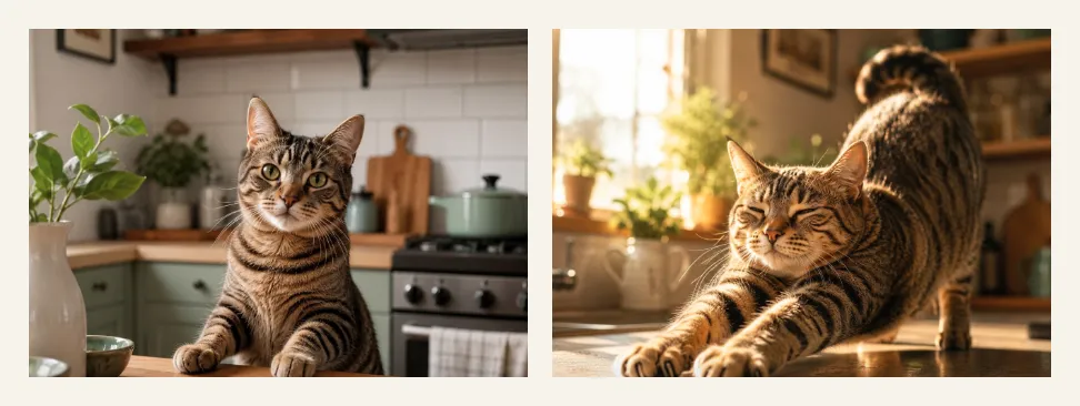 Two AI-generated photos of a tabby cat in a kitchen, side by side: on the left the cat sits upright facing the camera in flat, even light; on the right it stretches across a counter in low golden backlight