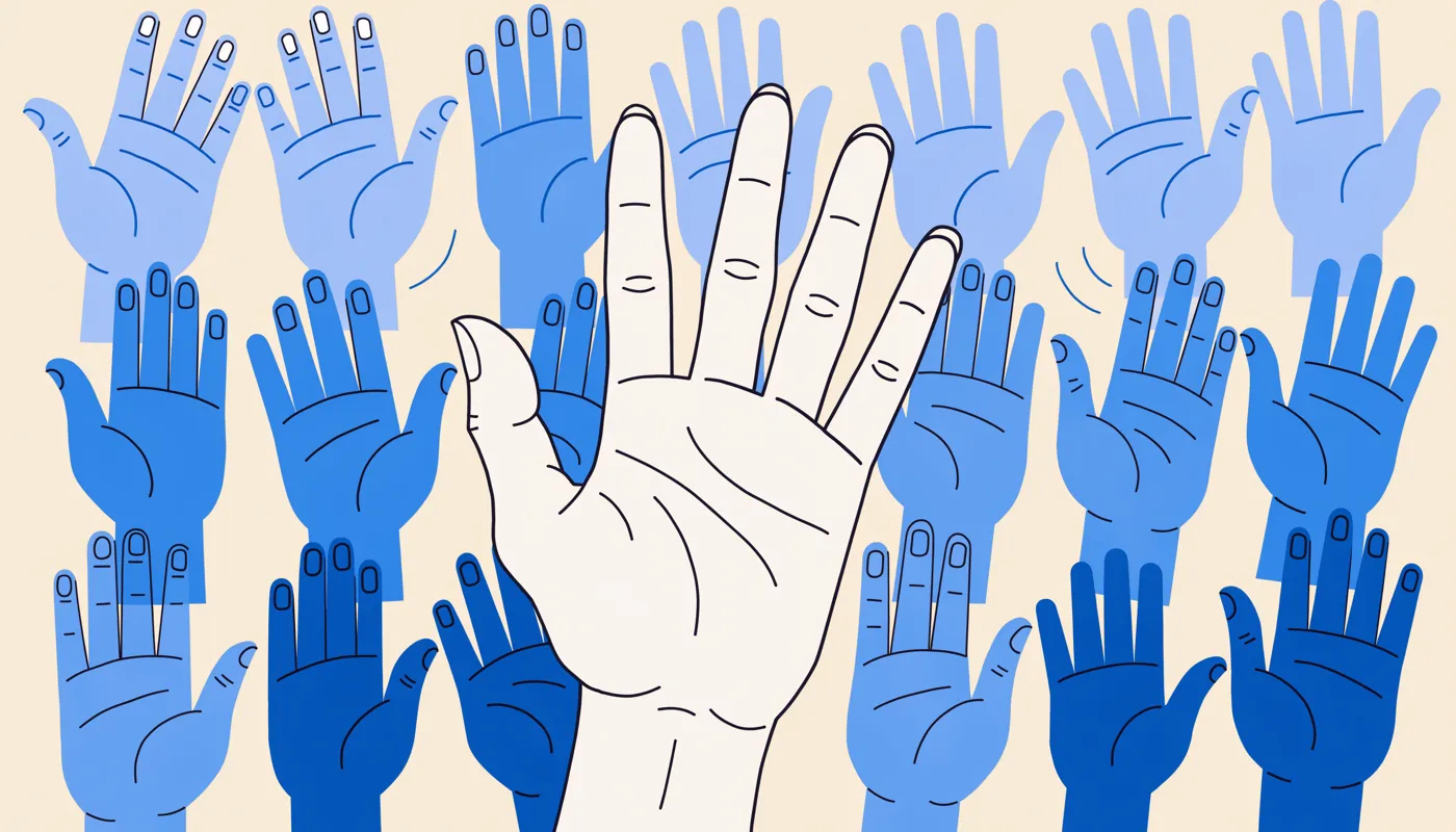 One pale open hand in the foreground, standing out from rows of near-identical blue hand outlines behind it