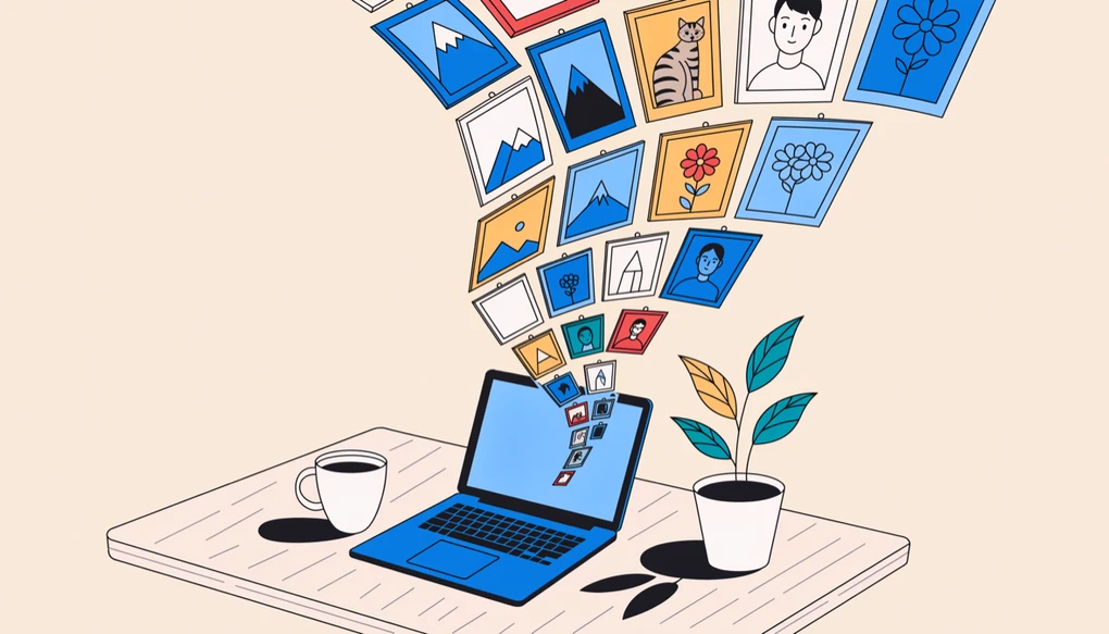 A laptop on a desk with a stream of small framed pictures — mountains, a cat, a portrait, flowers — fanning up and out of its screen