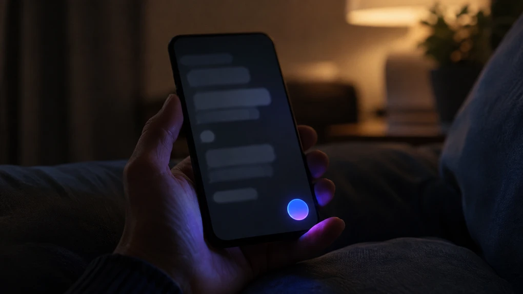 A hand holding a phone in a dim room, the screen glowing, with a bright blue and purple circle lit up in the bottom corner of the display