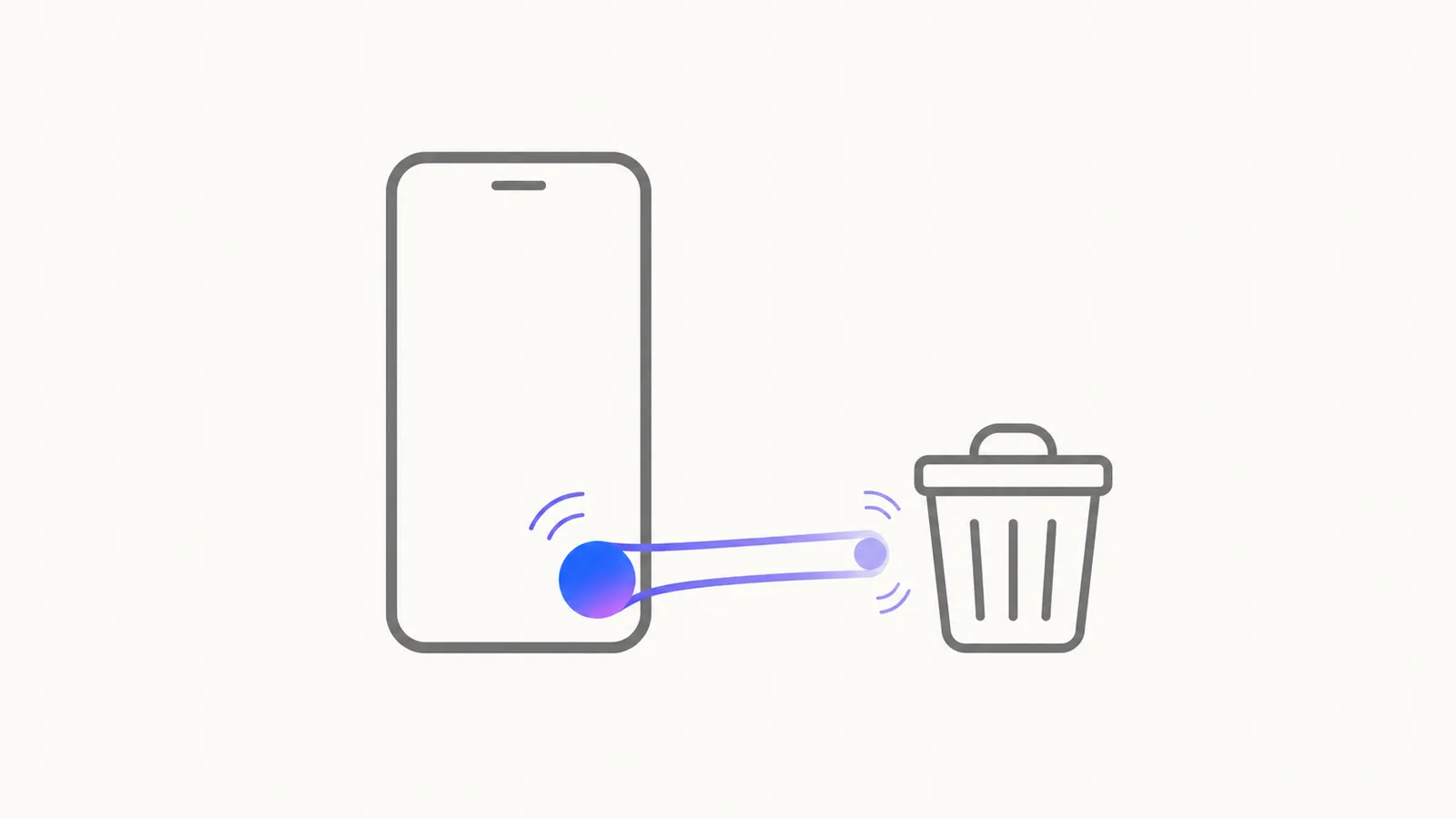 A phone screen where a glowing circle icon has been dragged toward a trash can but is snapping back to its original corner, held by a stretched line