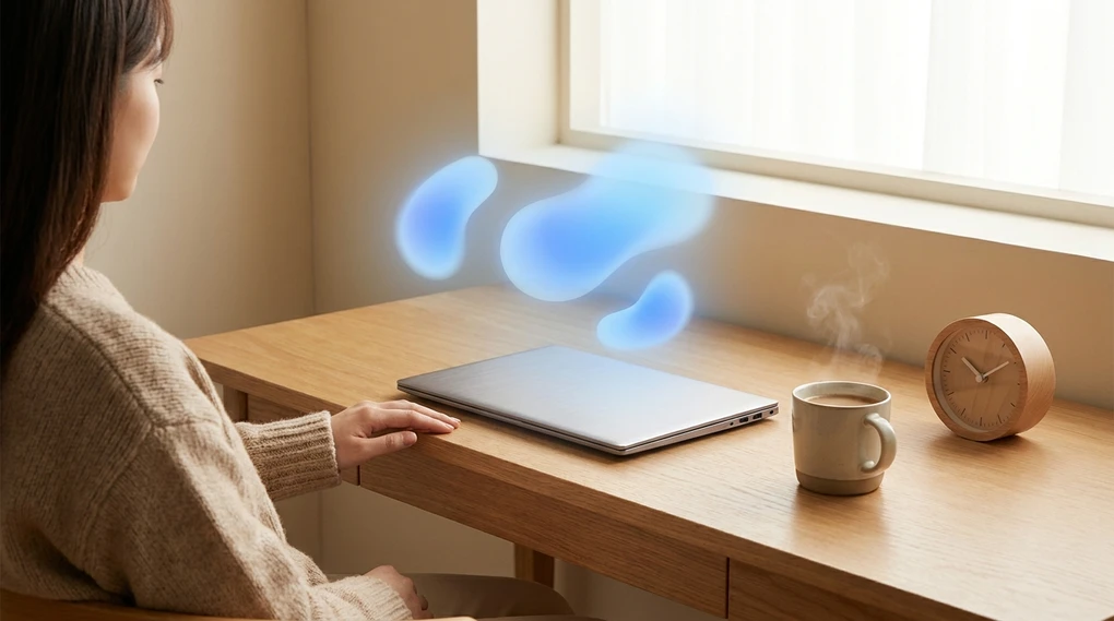 A person sitting calmly at a warm wooden desk with a closed laptop, a coffee, and an analog clock, as soft blue light glows above the desk, suggesting AI quietly handling routine work