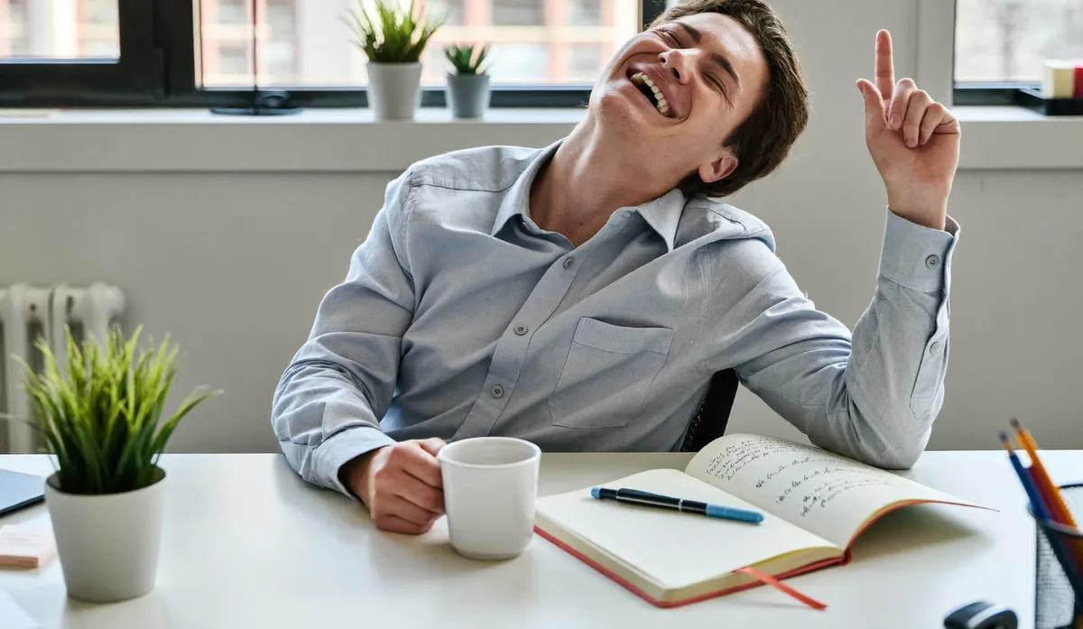 An office worker leaning back and laughing at their desk, a coffee mug and an open notebook in front of them