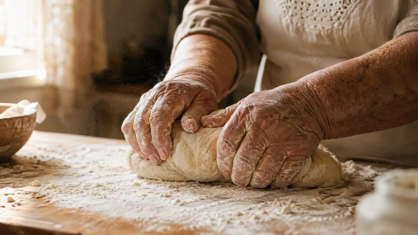 Close-up of an older woman's flour-covered hands kneading bread dough on a wooden counter in warm window light