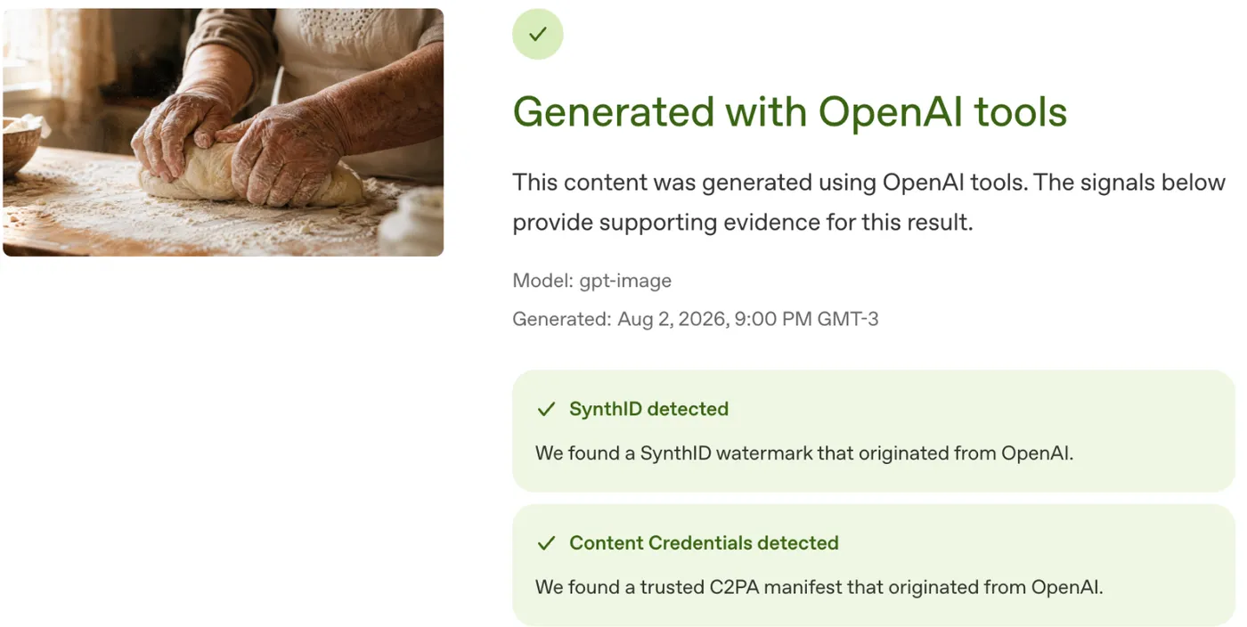 OpenAI Verify result for the original file: 'Generated with OpenAI tools', listing model gpt-image and a generation date, with both SynthID and Content Credentials detected