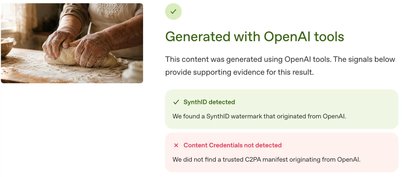 OpenAI Verify result for the published file: still 'Generated with OpenAI tools' via SynthID, but Content Credentials not detected and no model or date shown