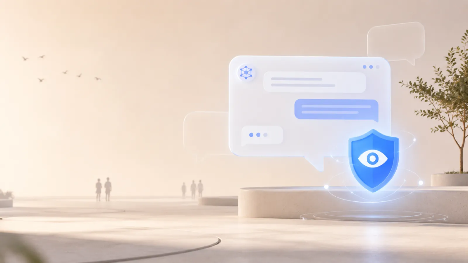 An AI chat window floating in an open outdoor plaza with a blue shield-and-eye icon beside it, illustrating that a chatbot is a public space, not a private diary