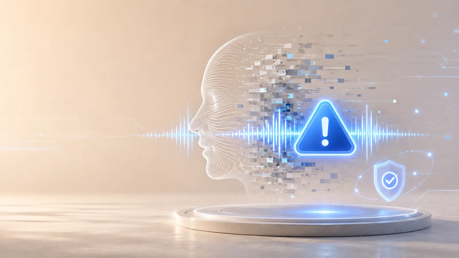 A wireframe human face dissolving into pixels with a sound wave passing through it and a blue warning triangle, illustrating AI-made deepfake voices and scams