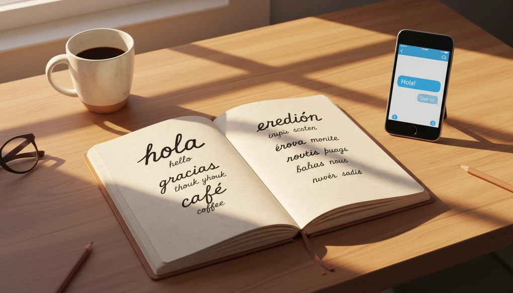 A notebook with foreign vocabulary words next to a phone showing a chat conversation, with a coffee mug on a warm wooden desk