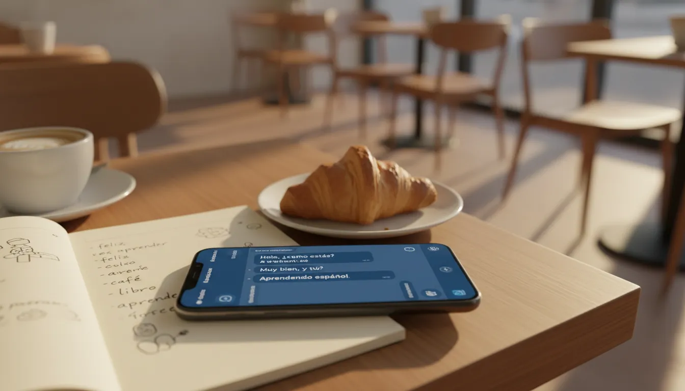 A phone on a cafe table showing a language practice chat, next to a notebook with handwritten vocabulary and a pastry on a plate