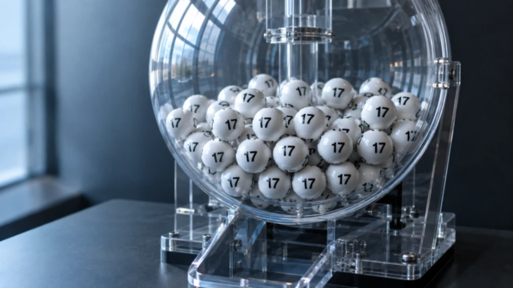 A clear acrylic lottery ball machine filled with white numbered balls, and every single ball is printed with the number 17