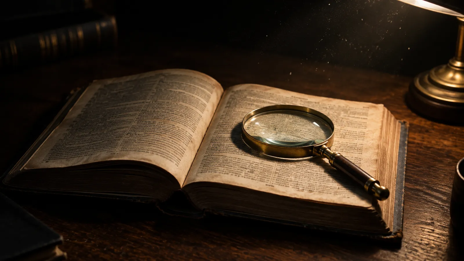 A worn hardback dictionary lying open on a dark desk under a warm lamp, with a magnifying glass resting on the page and dust motes visible in the beam of light