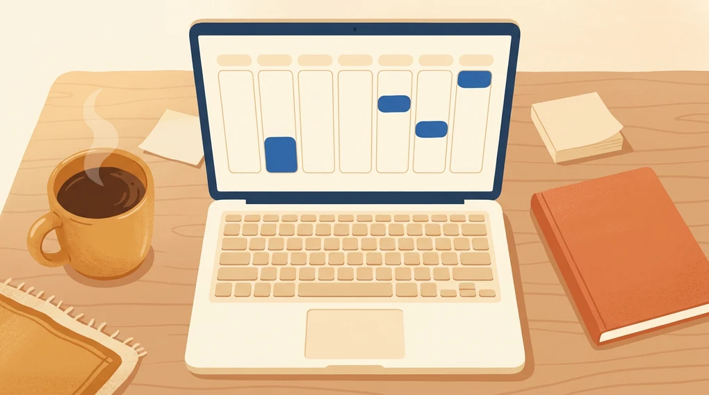 A laptop on a cozy desk showing a weekly planner grid with a few time blocks filled in blue, next to a coffee mug and a notebook