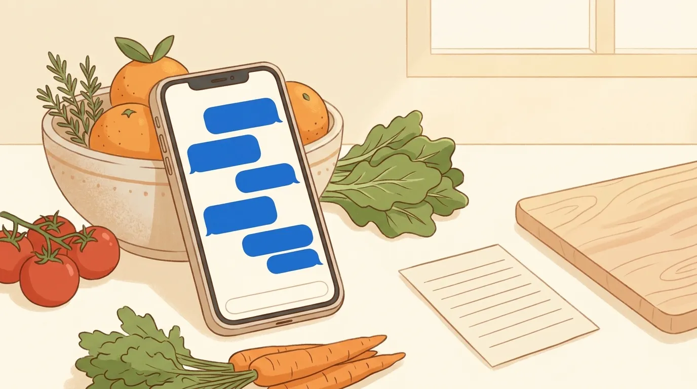 A phone showing a chat conversation propped on a kitchen counter among fresh vegetables, a shopping list, and a cutting board