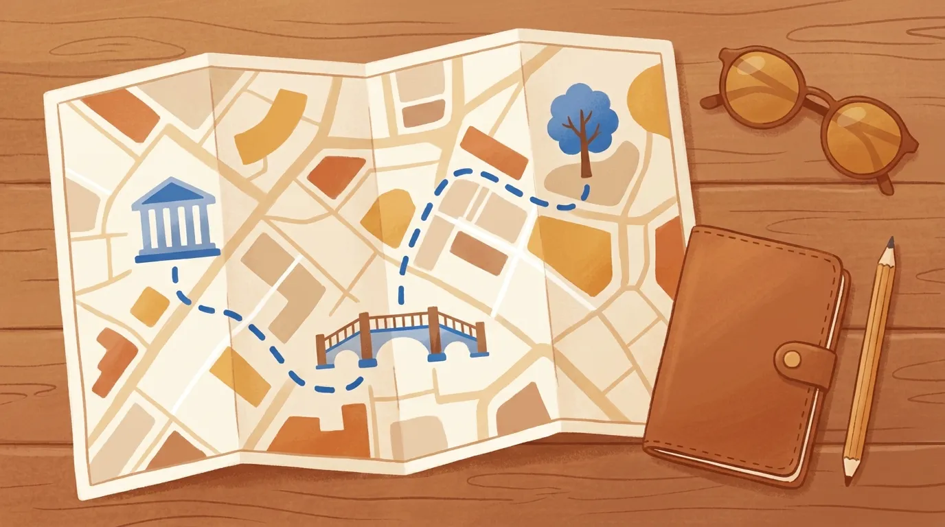 An open city map with a dotted blue walking route connecting a museum, a bridge, and a park, next to a passport and sunglasses