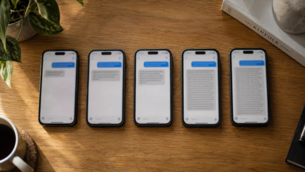 Five identical phones lying in a row on a wooden desk, each screen showing the same question and an answer of a visibly different length