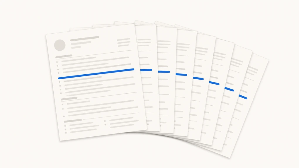 A fanned-out stack of eight identical resume pages seen from above, with the same blue line falling in exactly the same position on every one of them