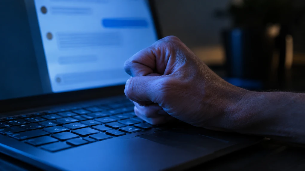 A clenched fist resting on a laptop keyboard lit in blue, with a calm chatbot reply on the screen