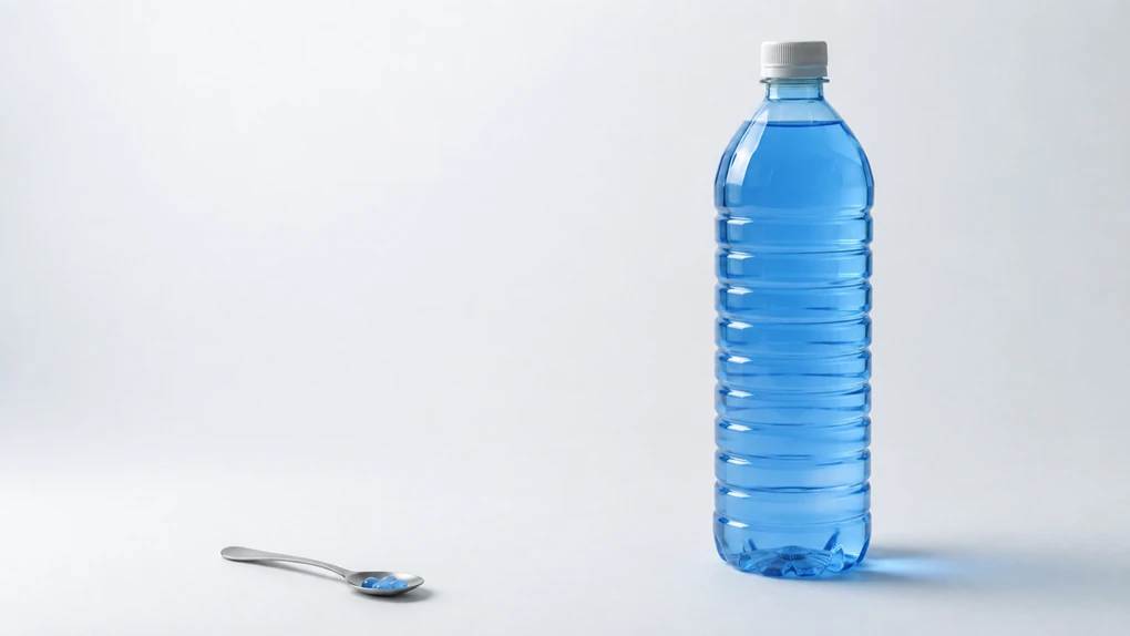A metal teaspoon holding two small blue drops of water, dwarfed by a full 500 ml bottle of blue water standing beside it