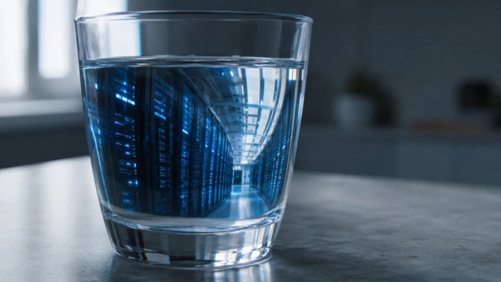 A glass of water on a kitchen counter, with rows of blue-lit data center server racks visible refracted through the water