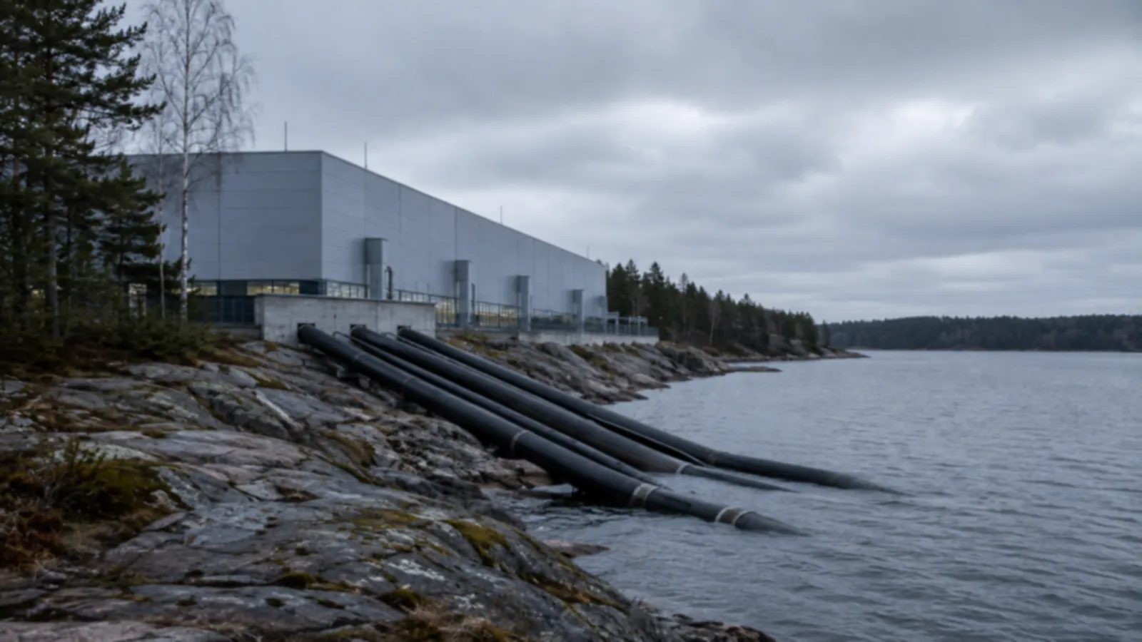 A long low data center building on a rocky Baltic shoreline under an overcast sky, with large intake pipes running from the building down the rocks into cold grey-blue seawater