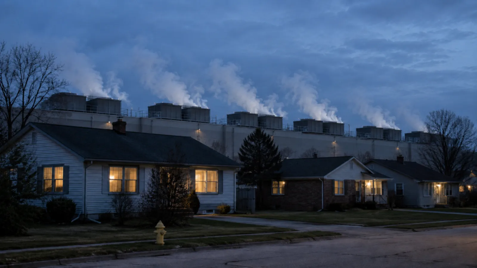 At dusk, a row of suburban houses with lit windows, and immediately behind them a long low data center with rectangular cooling units along the roof venting white plumes of vapor