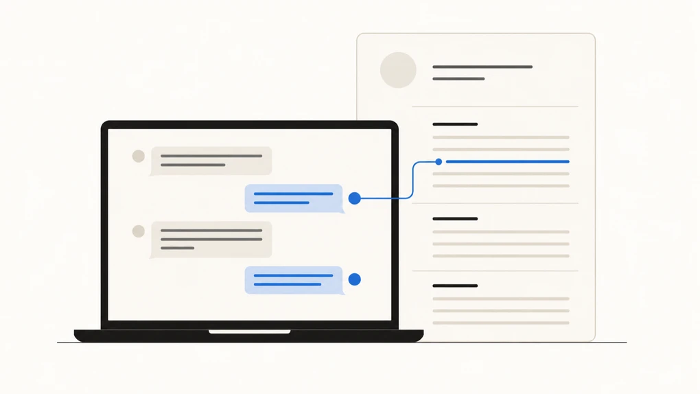A chat window on a laptop with a second, quieter document behind it, where a profile of the user is being written line by line