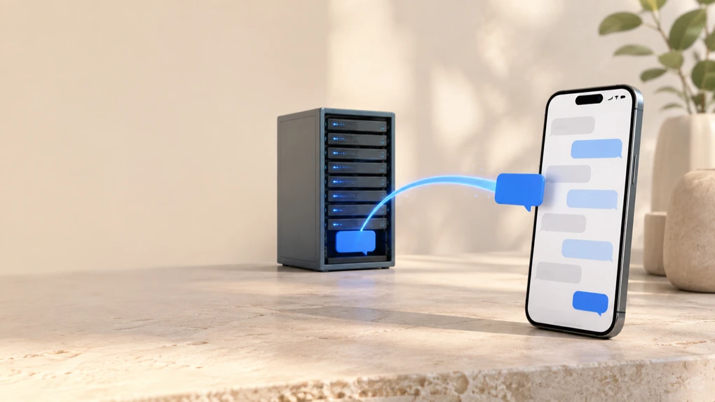 A smartphone on a desk showing a chat, with one blue message bubble travelling along a glowing arc into a server rack, where an identical copy of it stays