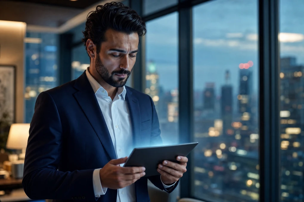 A man in a suit reading a tablet in a modern office at dusk, a soft blue glow rising from the screen as an AI assistant answers him