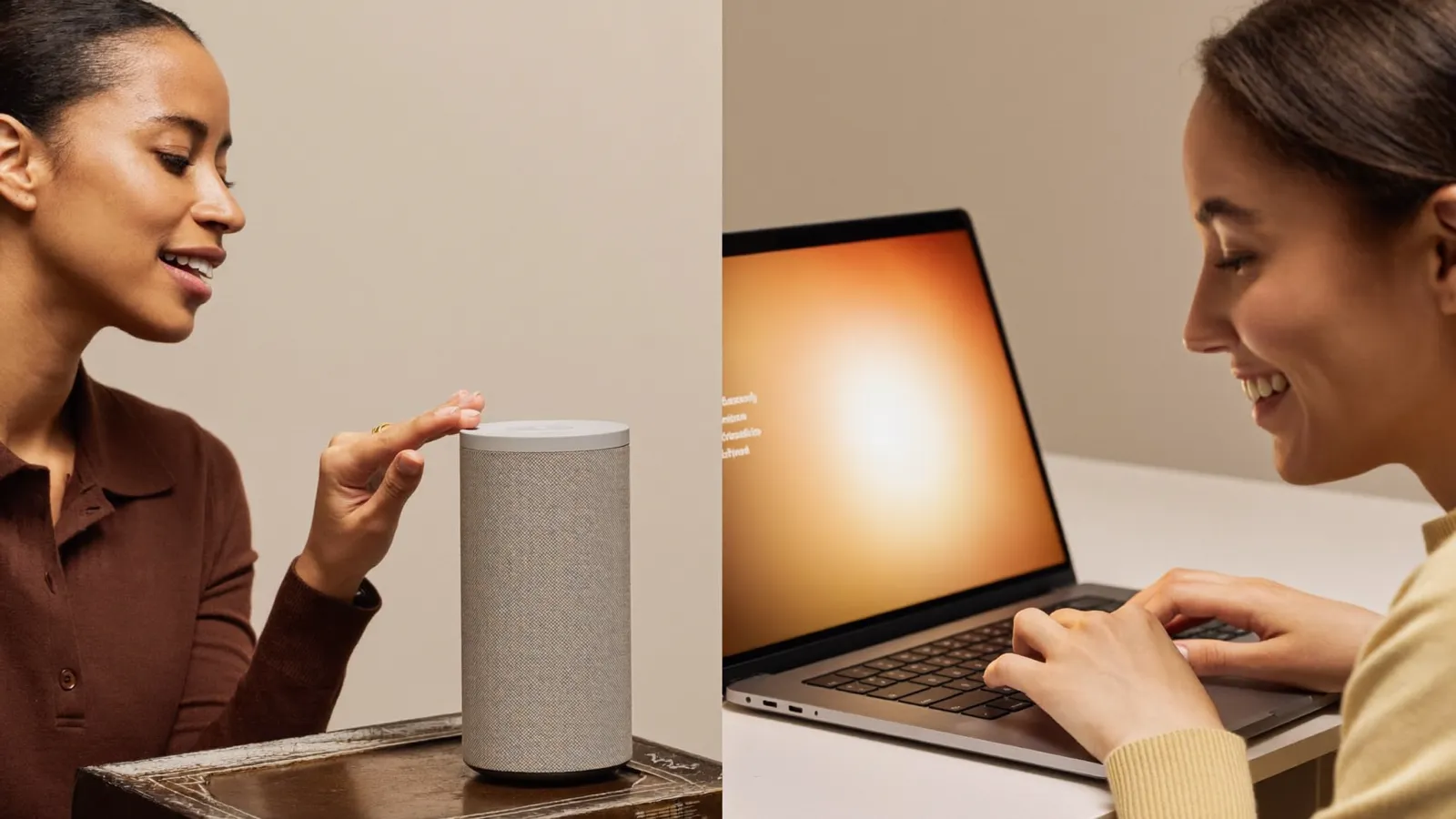 On the left, a woman speaks to a small smart speaker on a table; on the right, another woman types on a laptop — the two main ways people use an AI assistant