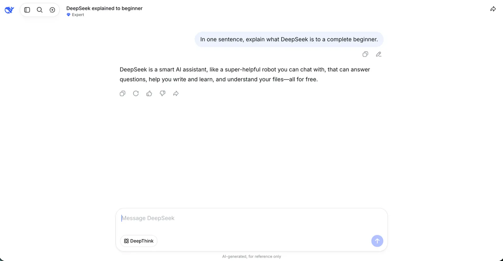 The DeepSeek chat app answering the question 'In one sentence, explain what DeepSeek is to a complete beginner' with a short, plain-language reply