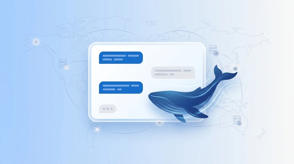 A minimal chat app window with a stylized deep-blue whale emerging from the screen, over a faint world-map and server-node backdrop
