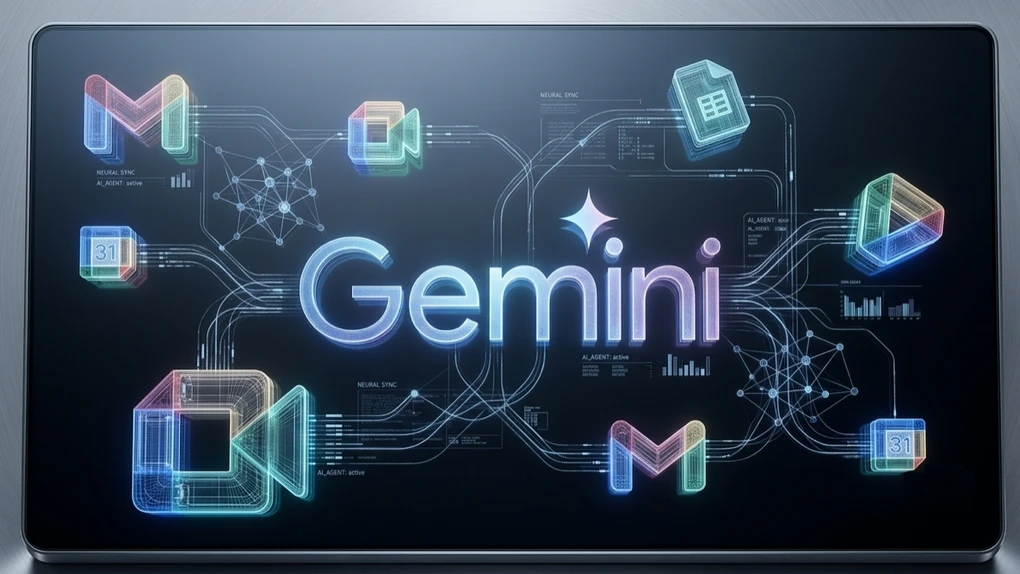 The word "Gemini" glowing on a tablet screen, linked by light trails to Google app icons like Gmail, Calendar, and Sheets