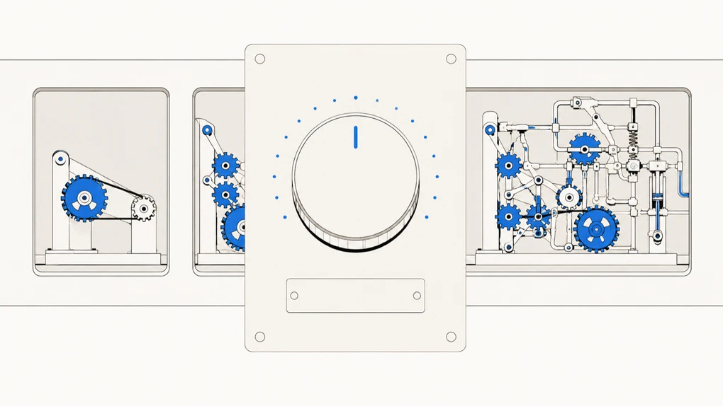 A single control dial on a panel with a blank label plate, and three different mechanisms of increasing complexity visible in cutaways behind it