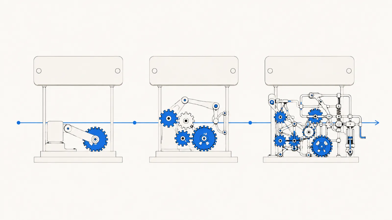 Three identical blank nameplates in a row, each sitting on a different and progressively more intricate mechanism, joined by a line running left to right